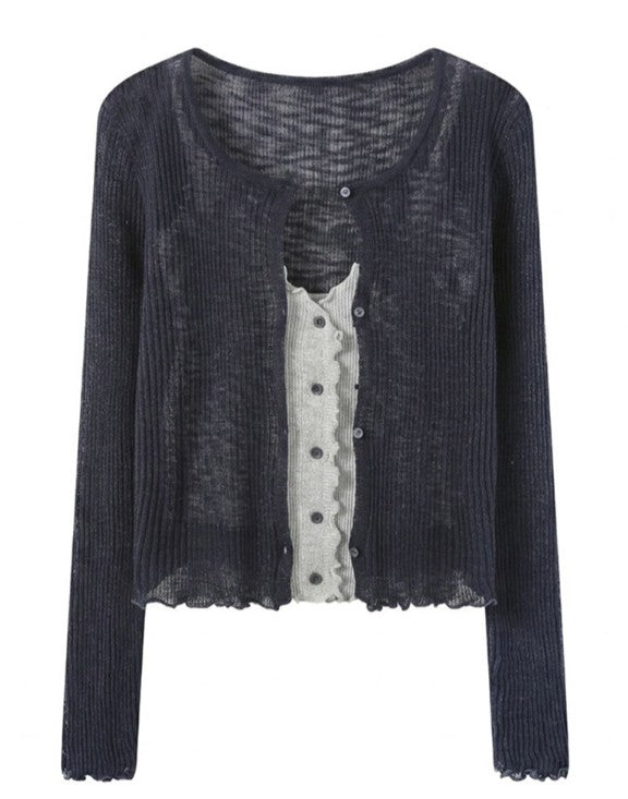 Share Sheer Knit Cardigan & Camisole Tank Top Set Separates 2-Piece Ribbed Cover Up S su-541600 (0)