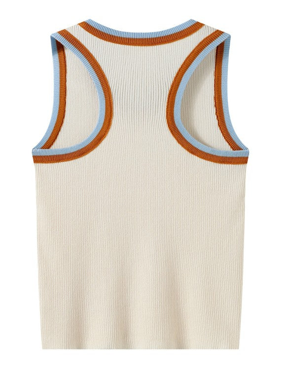 Retro Contrast Trim Knit Sleeveless Top - Casual Rayon Ribbed Cami Tank Top
