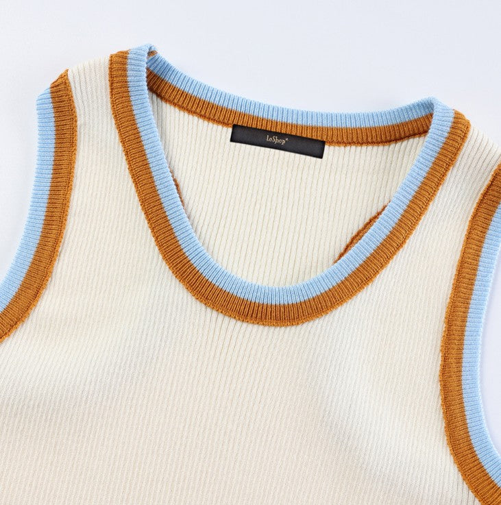 Retro Contrast Trim Knit Sleeveless Top - Casual Rayon Ribbed Cami Tank Top