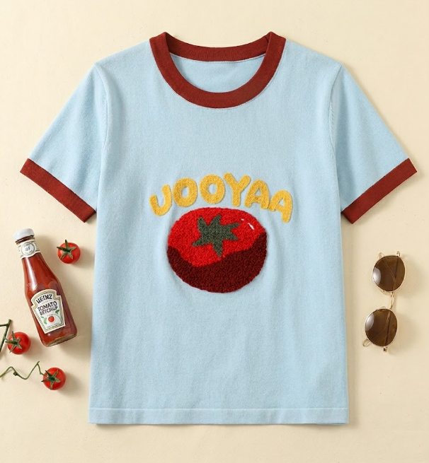 Retro Tomato Boucle Patch Ringer Knit Top Cute Aesthetic Y2K Summer Vintage Style