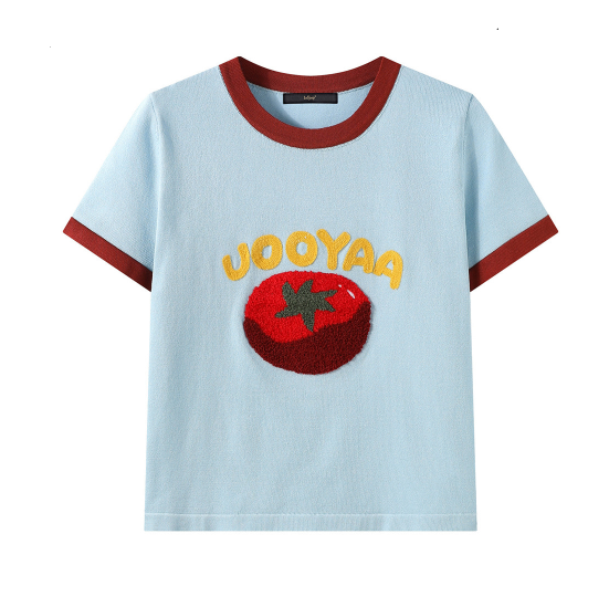 Retro Tomato Boucle Patch Ringer Knit Top Cute Aesthetic Y2K Summer Vintage Style