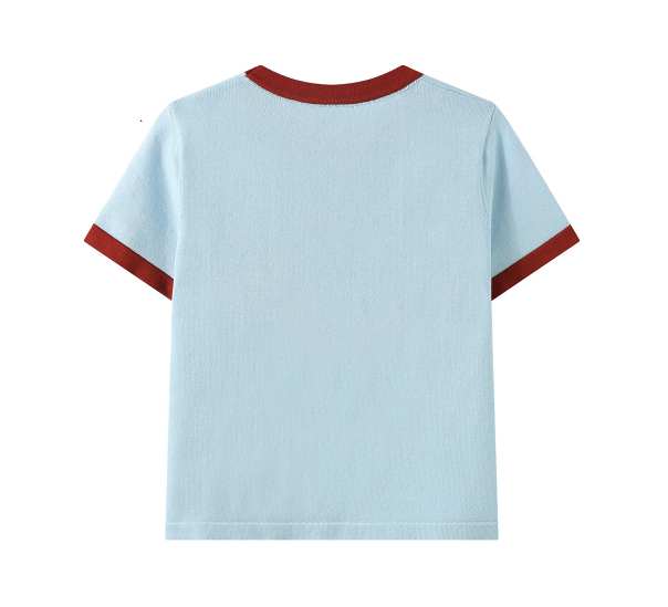 Retro Tomato Boucle Patch Ringer Knit Top Cute Aesthetic Y2K Summer Vintage Style