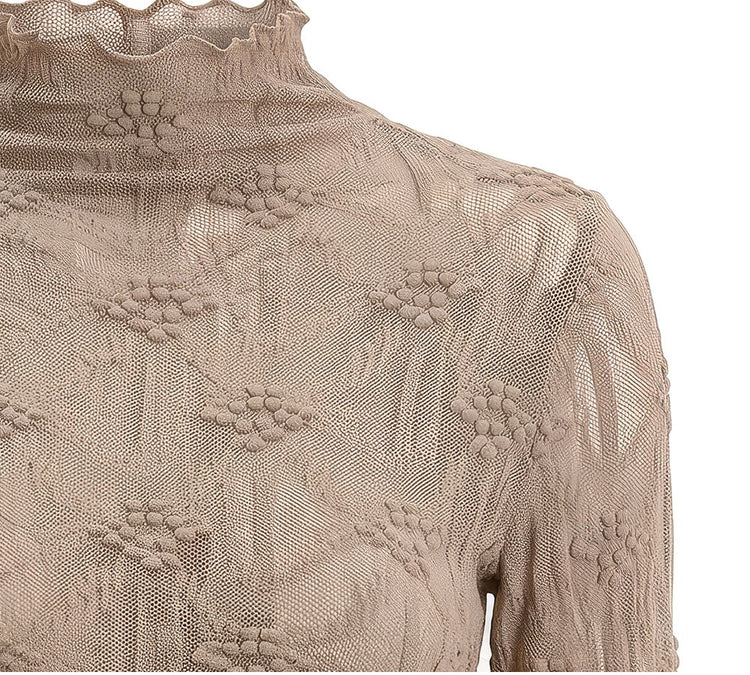 Floral Textured Sheer Mock-Neck Blouse