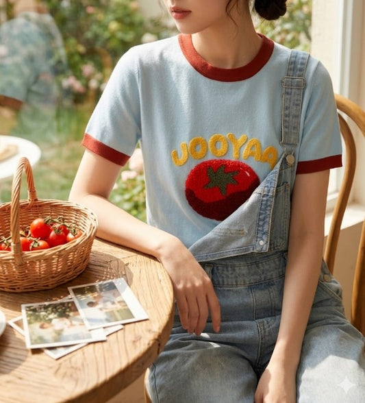 Retro Tomato Boucle Patch Ringer Knit Top Cute Aesthetic Y2K Summer Vintage Style