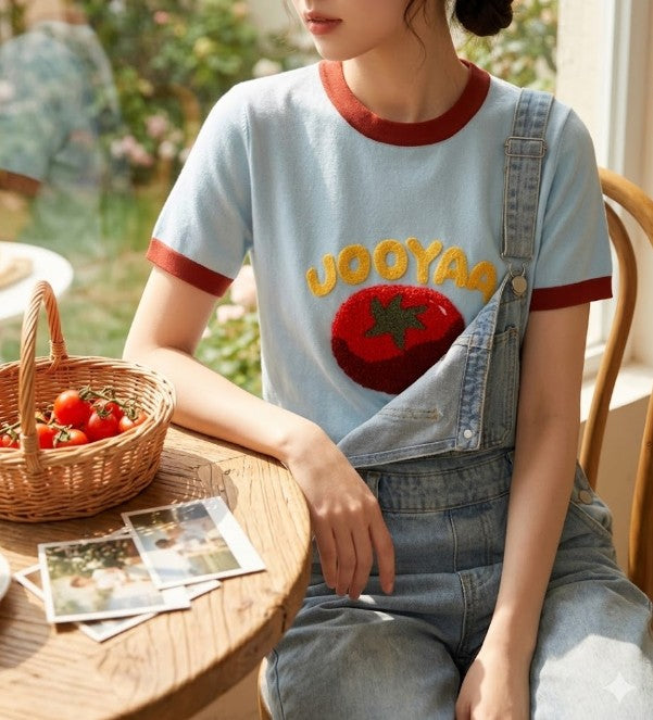 Retro Tomato Boucle Patch Ringer Knit Top Cute Aesthetic Y2K Summer Vintage Style