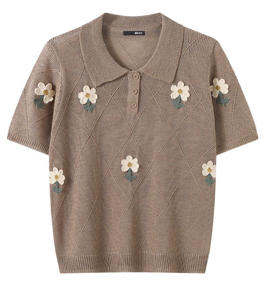 Floral Embroidered Pointelle Knit Polo