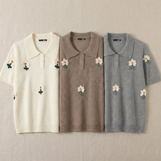 Cottagecore Floral Embroidery Knit Polo Shirt Women Argyle Short Sleeve