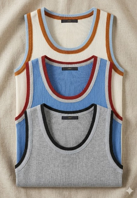 Retro Contrast Trim Knit Sleeveless Top - Casual Rayon Ribbed Cami Tank Top