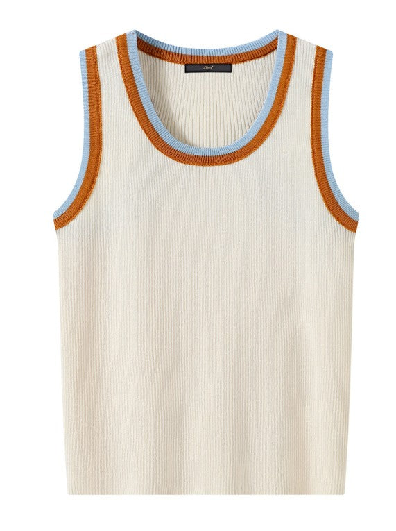 Retro Contrast Trim Knit Sleeveless Top - Casual Rayon Ribbed Cami Tank Top