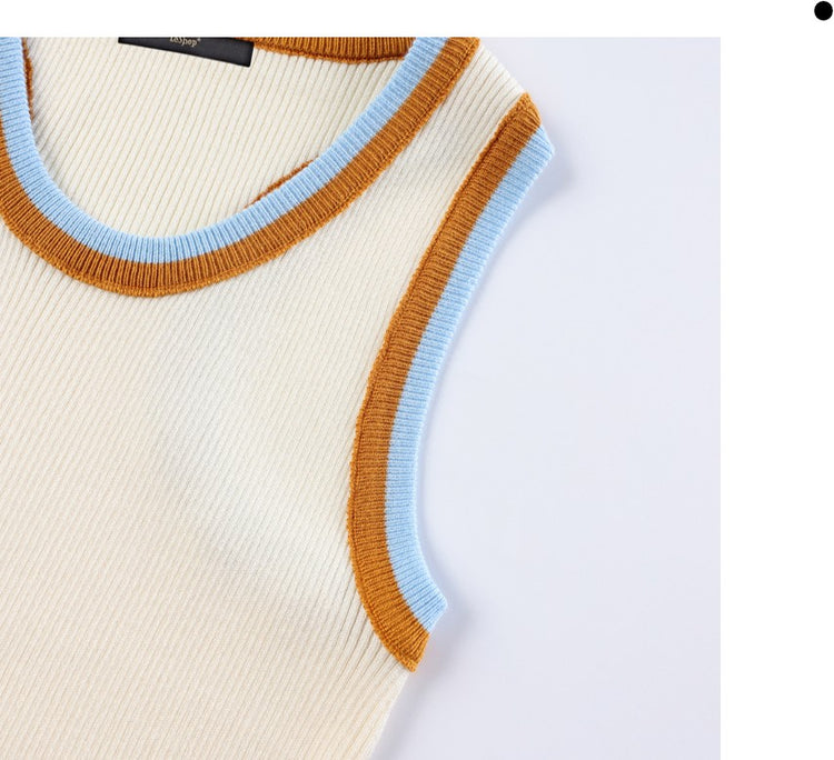 Retro Contrast Trim Knit Sleeveless Top - Casual Rayon Ribbed Cami Tank Top