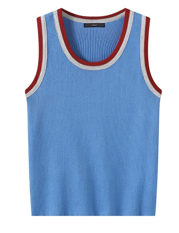 Retro Contrast Trim Knit Sleeveless Top - Casual Rayon Ribbed Cami Tank Top