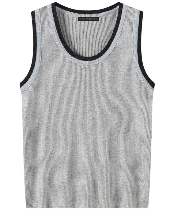 Retro Contrast Trim Knit Sleeveless Top - Casual Rayon Ribbed Cami Tank Top
