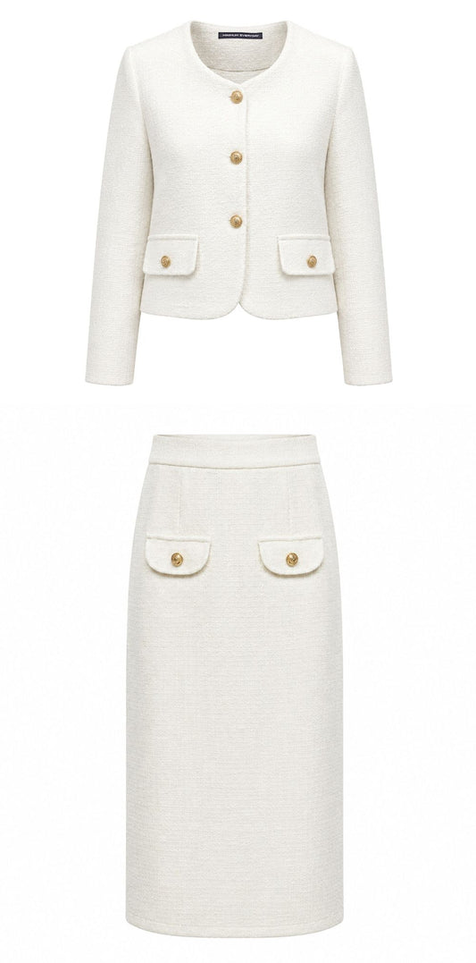 Gold-Button Tweed Jacket & Long Skirt Set