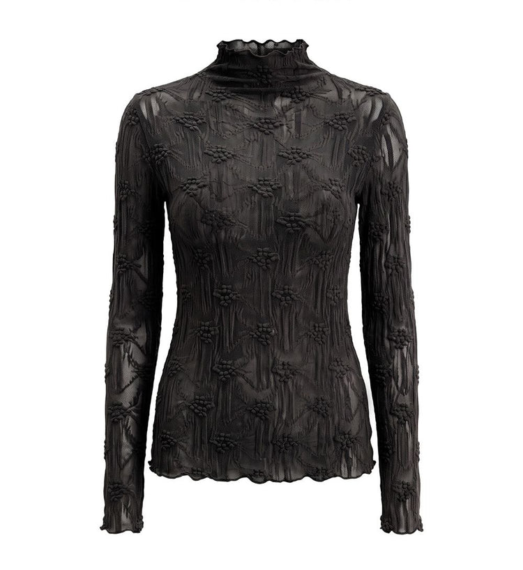 Floral Textured Sheer Mock-Neck Blouse