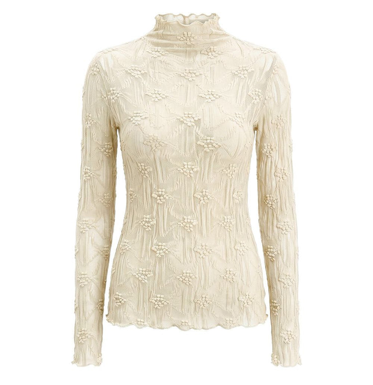 Floral Textured Sheer Mock-Neck Blouse