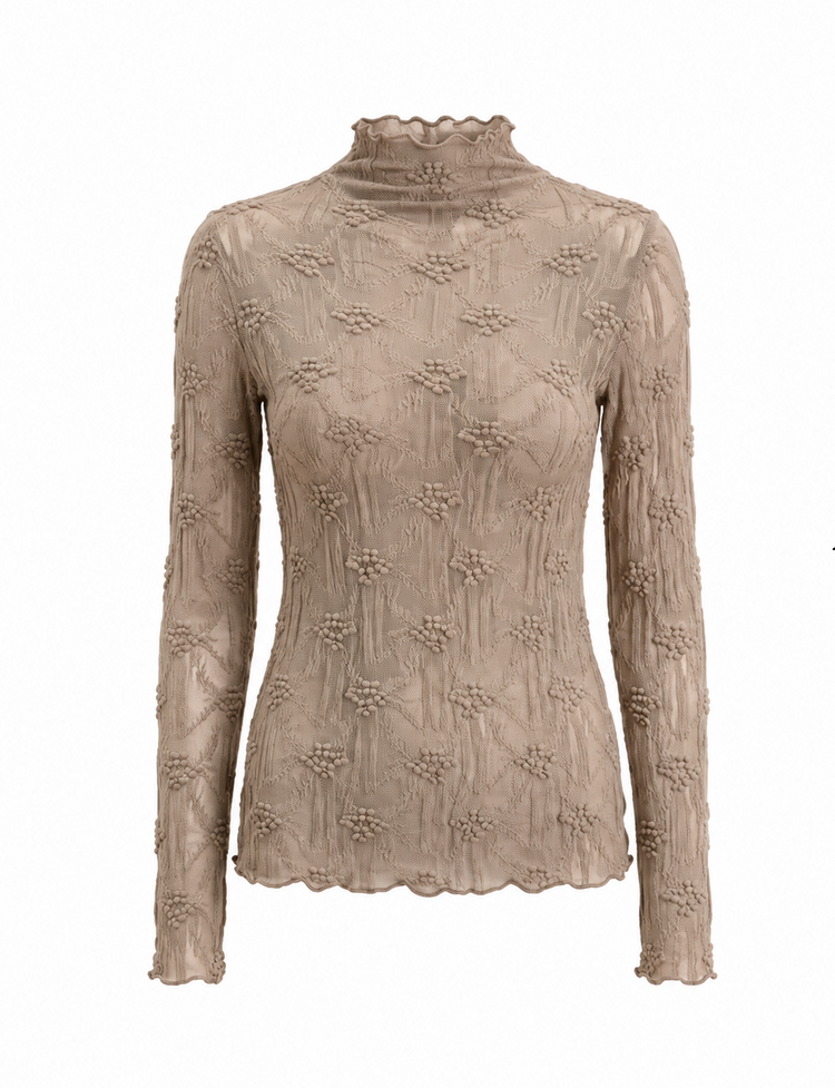 Floral Textured Sheer Mock-Neck Blouse